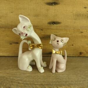 Vintage 1950s Thames Ceramic Spaghetti Cats Figurines Rhinestone Eyes Gold Bows
